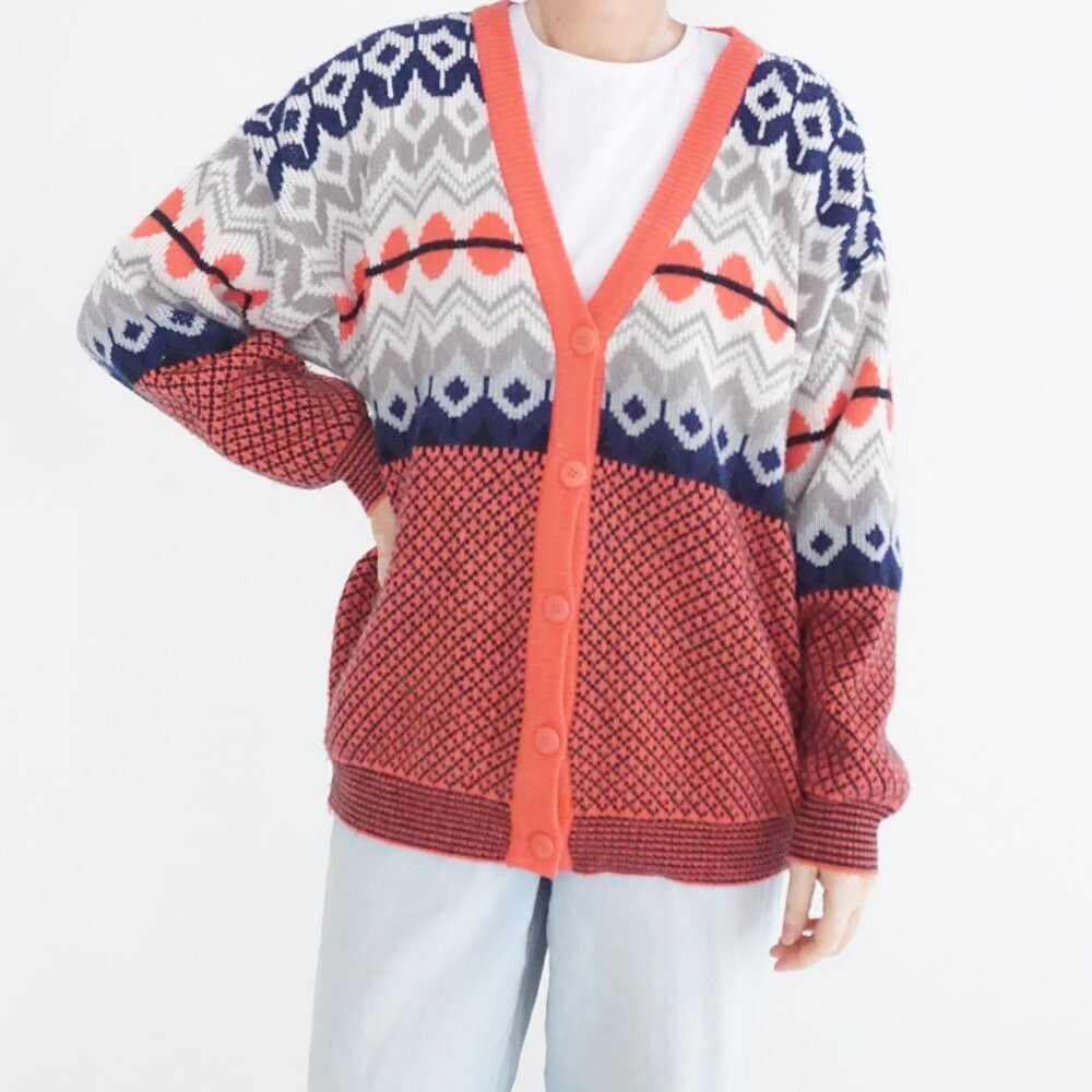 Vintage Razzle Dazzle Coral Navy Fair Isle Button Front Knit Cardigan Sweater L